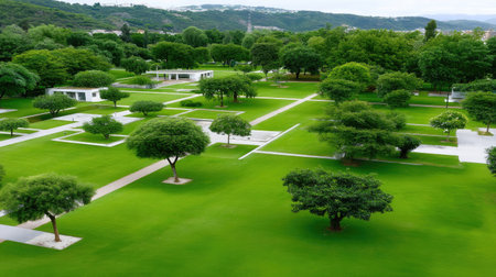 A stunning aerial view of a lush green urban park featuring diverse plants and trees, surrounded by a beautiful mountainous backdrop and serene pathways.の素材