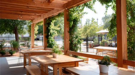 This inviting outdoor dining area features wooden furniture and lush greenery, creating a bright and cheerful atmosphere for relaxation and enjoyment.の素材
