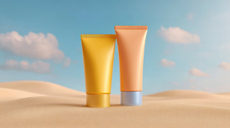 Two colorful tube containers of skincare products are displayed against a beautiful desert landscape with soft clouds and blue sky, evoking a sense of relaxation and beauty.の素材