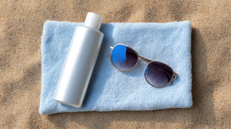 A sunscreen bottle paired with trendy sunglasses rests on a soft blue towel, evoking a sense of relaxation on a sunny beach day. Perfect for summer themes.の素材