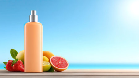 A vibrant beauty product bottle stands against a bright beach background, surrounded by fresh fruits, evoking a sense of summer and relaxation.の素材