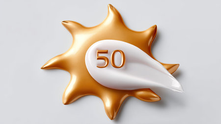 This image showcases a stylized sunscreen bottle featuring a sun icon with SPF 50, emphasizing skincare and sun protection in a minimalist setting.の素材
