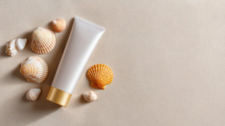 A clean and minimalist flatlay featuring a white cosmetic tube surrounded by various seashells on a soft sandy background, evoking a serene beach vibe.の素材