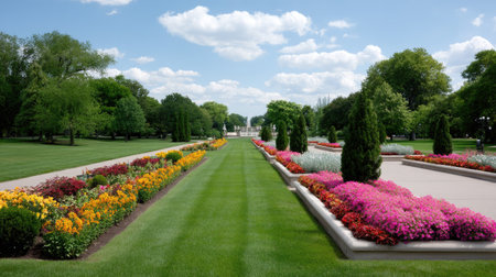 Vibrant garden scenery showcases a meticulously maintained landscape filled with colorful flowers and lush green grass, perfect for relaxation.の素材