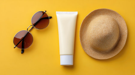 A vibrant flat lay image featuring essential summer items: sunglasses, a straw hat, and sunscreen, all set against a bright yellow background. Perfect for vacation vibes.の素材
