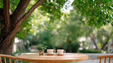 A serene outdoor coffee moment featuring two cups on a wooden table surrounded by lush green trees. Ideal for relaxation and enjoyment in nature.の素材