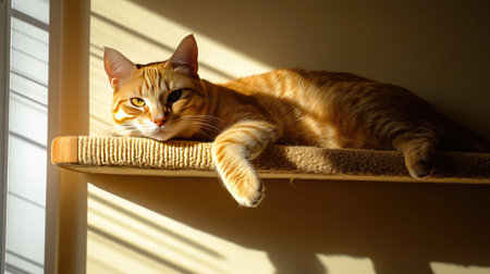 A serene moment of a ginger cat lounging on a wooden shelf, basking in the warm sunlight, creating beautiful shadow patterns and radiating tranquility.の素材