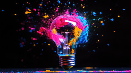 A stunning visual captures a light bulb surrounded by an explosion of vibrant colors, symbolizing creativity and inspiration against a dark backdrop.の素材