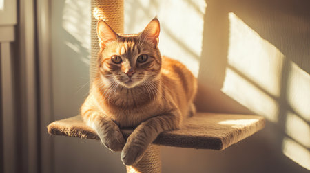 A serene ginger cat lounges comfortably on a cat tree, basking in sunlight that filters through, creating a cozy atmosphere perfect for cat lovers and animal photography.の素材