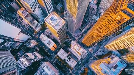 Stunning aerial view of an urban landscape at sunset with towering skyscrapers casting reflections, busy streets below, and dynamic lighting creating a vibrant city atmosphere.の素材