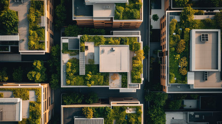Stunning aerial shot showcasing a modern urban environment filled with greenery. This image highlights the integration of nature into architectural design for eco-conscious living.の素材