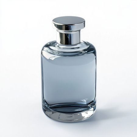 A striking glass bottle with a sleek metallic cap, perfect for showcasing fragrances or beauty products. Ideal for minimalist design and modern product photography.の素材