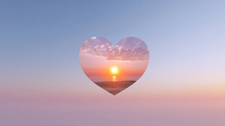 A captivating heart-shaped view of a sunset over peaceful ocean waves, blending soft pastels of the sky with tranquil water, evoking warmth and romance.の素材