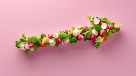 An artistic display of fresh vegetables and fruits arranged in the shape of an arrow, symbolizing healthy choices, vibrant colors, and nutrition awareness.の素材