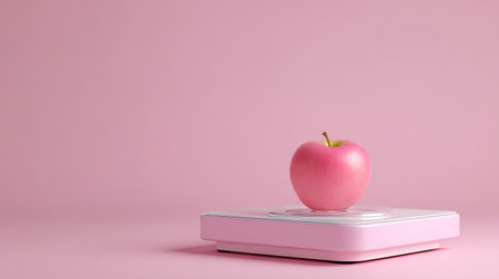 A bright pink scale elegantly holds a single fresh apple on a soft pink background, symbolizing health and balance in a minimalist setting.の素材