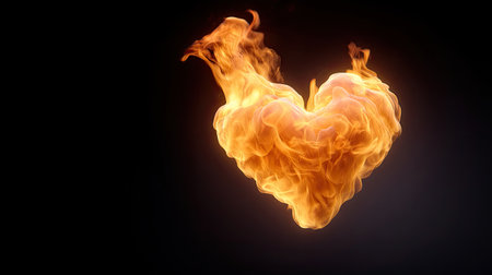 This image depicts a heart shape formed from vibrant flames on a dark background. It represents passion, energy, and intense emotion, suitable for creative projects.の素材