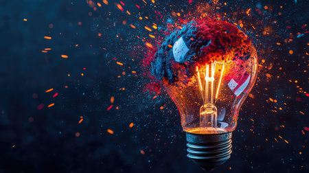 An impactful image of a light bulb exploding with vibrant colors and sparks, symbolizing the fusion of creativity and innovative ideas against a dark backdrop.の素材