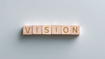 This image features wooden blocks arranged to spell the word "VISION" against a soft background. It symbolizes clarity, inspiration, and future goals.の素材