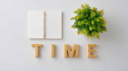 A visually appealing flat lay composition featuring a notebook, a green plant, and wooden letters spelling "TIME," ideal for creative projects or motivational themes.の素材