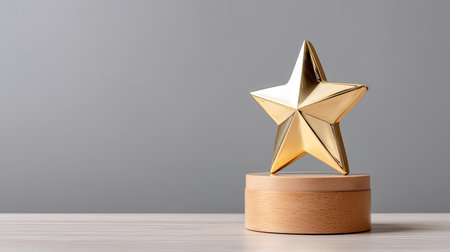 A stunning golden star trophy rests on a wooden base against a soft gray background, symbolizing achievement and success in various award ceremonies.の素材