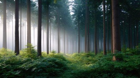 A serene and enchanting misty forest landscape, showcasing tall trees and vibrant greenery, illuminated by gentle sunlight filtering through foliage.の素材