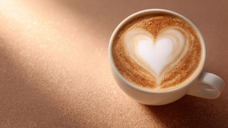 A warm cup of coffee with heart-shaped latte art sits elegantly on a sparkling background, perfect for cozy mornings and inviting moments of relaxation.の素材