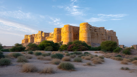 A stunning sandstone fort in Rajasthan, India, illuminated by the warm hues of sunset amid the vast desert landscape and lush vegetation.の素材