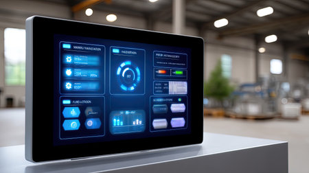 A modern industrial control panel showcases various data metrics and graphics, representing a high-tech manufacturing environment and automation.の素材