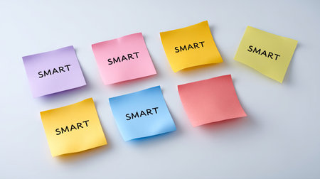 A vibrant display of colorful sticky notes featuring the word "SMART," ideal for emphasizing creativity and productivity in an office or study space.の素材
