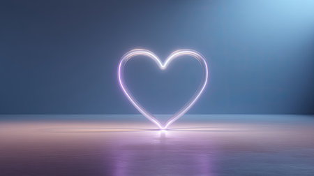 This image features a glowing neon heart shape on a smooth surface, set against a soft blue background, perfect for romantic themes and creative designs.の素材
