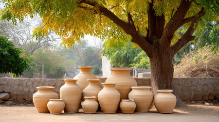 A beautiful collection of handcrafted clay pots arranged harmoniously under a large tree, showcasing natural textures and traditional artistry in a tranquil outdoor environment.の素材