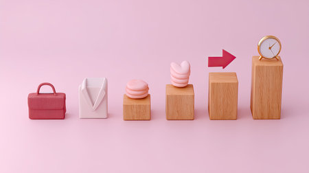 This image showcases a creative arrangement of minimalist objects symbolizing growth and progress. Featuring a pink background, wooden blocks, and stylish icons, it represents the journey towards personal and business goals. Perfect for inspirational content or articles on productivity and planning.の素材
