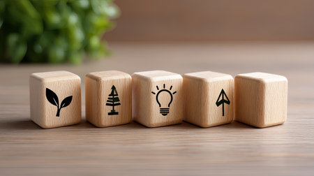A set of wooden blocks featuring nature symbols and a light bulb is beautifully arranged on a minimalist surface, showcasing themes of growth and innovation.の素材