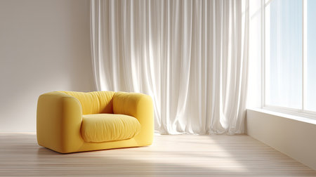 This image showcases a cozy yellow armchair, designed with soft textures, set against large windows and white curtains, creating a bright and serene atmosphere.の素材