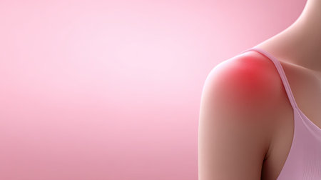 This image depicts a close-up of a human shoulder showing a red spot that signifies pain. The soft pink background adds a soothing touch, emphasizing the theme of health and wellness. Perfect for illustrating topics related to body care or injury understanding.の素材