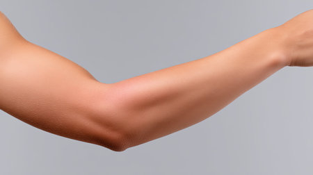 This image features a close-up of a well-defined athletic arm, showcasing muscle tone and smooth skin texture. The arm extends gracefully against a minimal gray backdrop, embodying strength and fitness, ideal for health and wellness projects.の素材