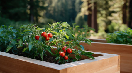 This serene image showcases vibrant cherry tomatoes growing in a wooden planter, surrounded by lush greenery in a forest setting, symbolizing fresh, healthy living and sustainable gardening practices.の素材
