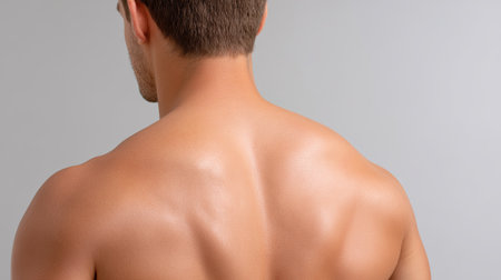 A close-up view of a muscular male back showcasing skin texture and contours. The neutral background enhances the focus on strength and health aesthetics.の素材
