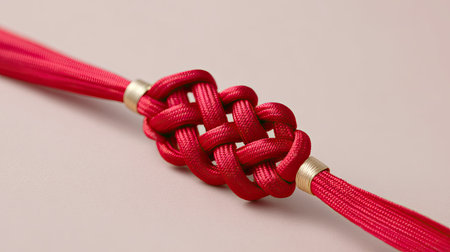 This image showcases an intricate red knot design, perfect for crafts and decorations. The smooth texture and vibrant color create an elegant aesthetic, ideal for inspiration in various creative projects.の素材