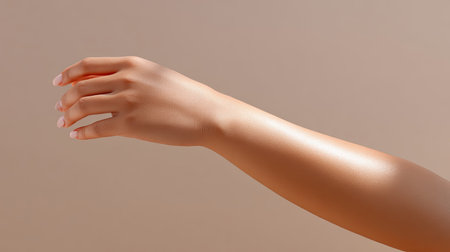 A graceful hand gesture extending in an artistic manner against a soft background. The image highlights elegance and beauty through minimalistic design and gentle tones.の素材