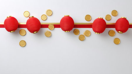 A stunning arrangement featuring vibrant red lanterns alongside shiny gold coins, perfect for evoking the festive spirit of Lunar New Year celebrations.の素材