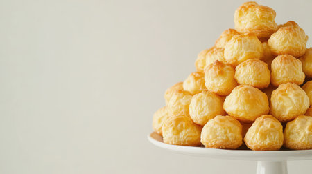 A batch of baked cheese puffs piled on a serving tray with space above for copyの素材