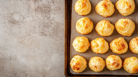 A batch of baked cheese puffs piled on a serving tray with space above for copyの素材