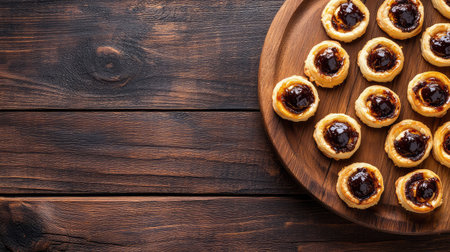 A batch of chocolate-filled pastry arranged on a wooden board with plenty of empty space for promotional text or brandingの素材