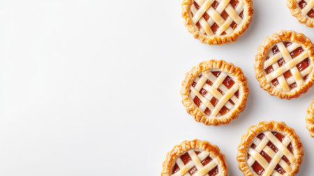 A batch of baked mini pies on a white table with clean, blank space to the side for textの素材