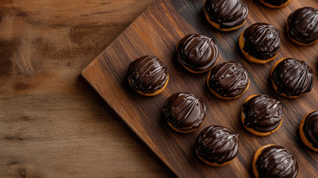 A batch of chocolate-filled pastries arranged neatly on a wooden board, with ample space surrounding them for branding or promotional contentの素材