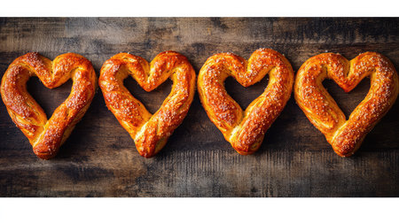 A batch of crispy tomato-flavored pretzels arranged in a row with room for branding or text beside themの素材