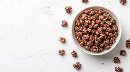 A bowl of chocolate-coated popcorn scattered across a white surface, surrounded by plenty of room for marketing or copyの素材
