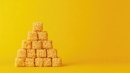 A batch of caramel-flavored rice cakes stacked neatly in a pyramid shape, leaving open space for copy or brandingの素材