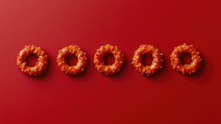 A batch of crispy tomato-flavored pretzels arranged in a row with room for branding or text beside themの素材